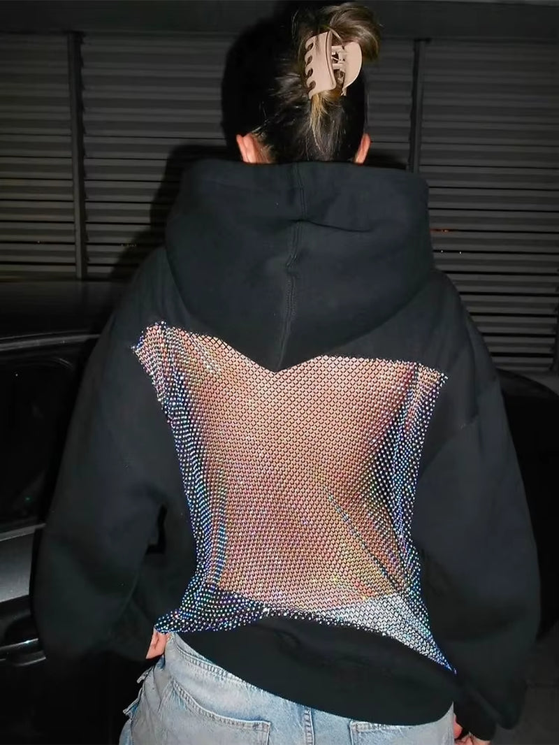 Hooded Harajuku Sweatshirt Women Autumn Trend Backless Shinythrea Mesh Patchwork Casual Street Hipster Pulloverr