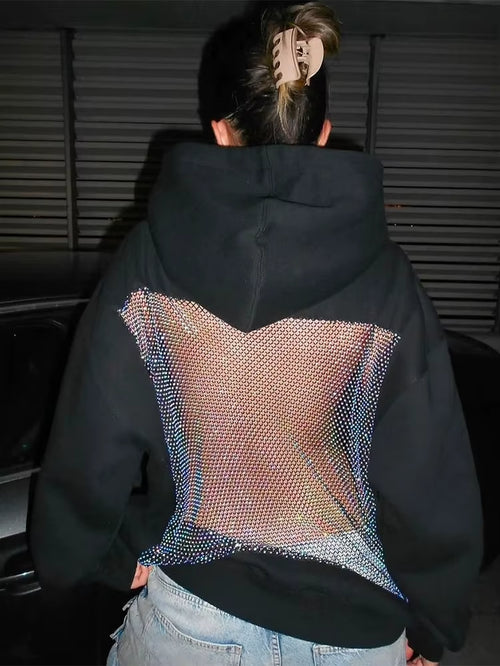 Hooded Harajuku Sweatshirt Women Autumn Trend Backless Shinythrea Mesh Patchwork Casual Street Hipster Pulloverr