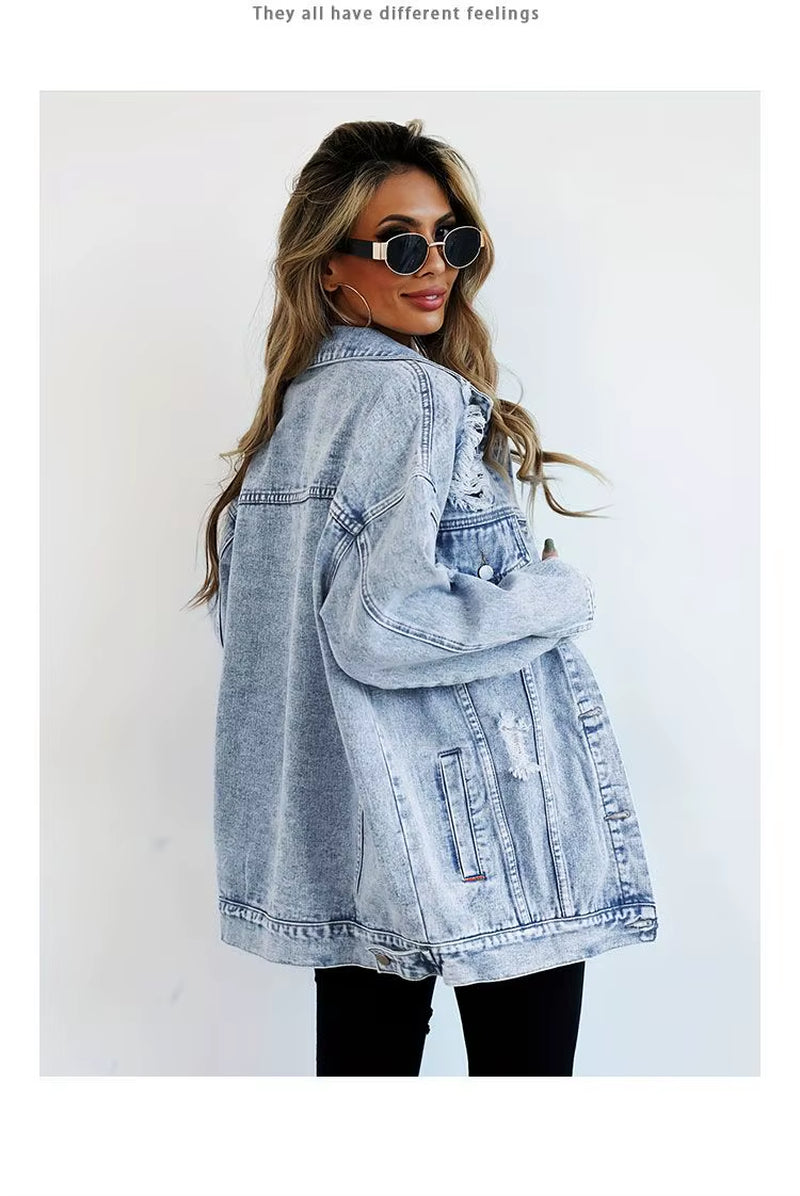 Jeans Jackets for Woman Jackets Euramerican Hole Autumn Winter Women'S Jeans Coats Outerwears Denim Top New Female Jean Fashion