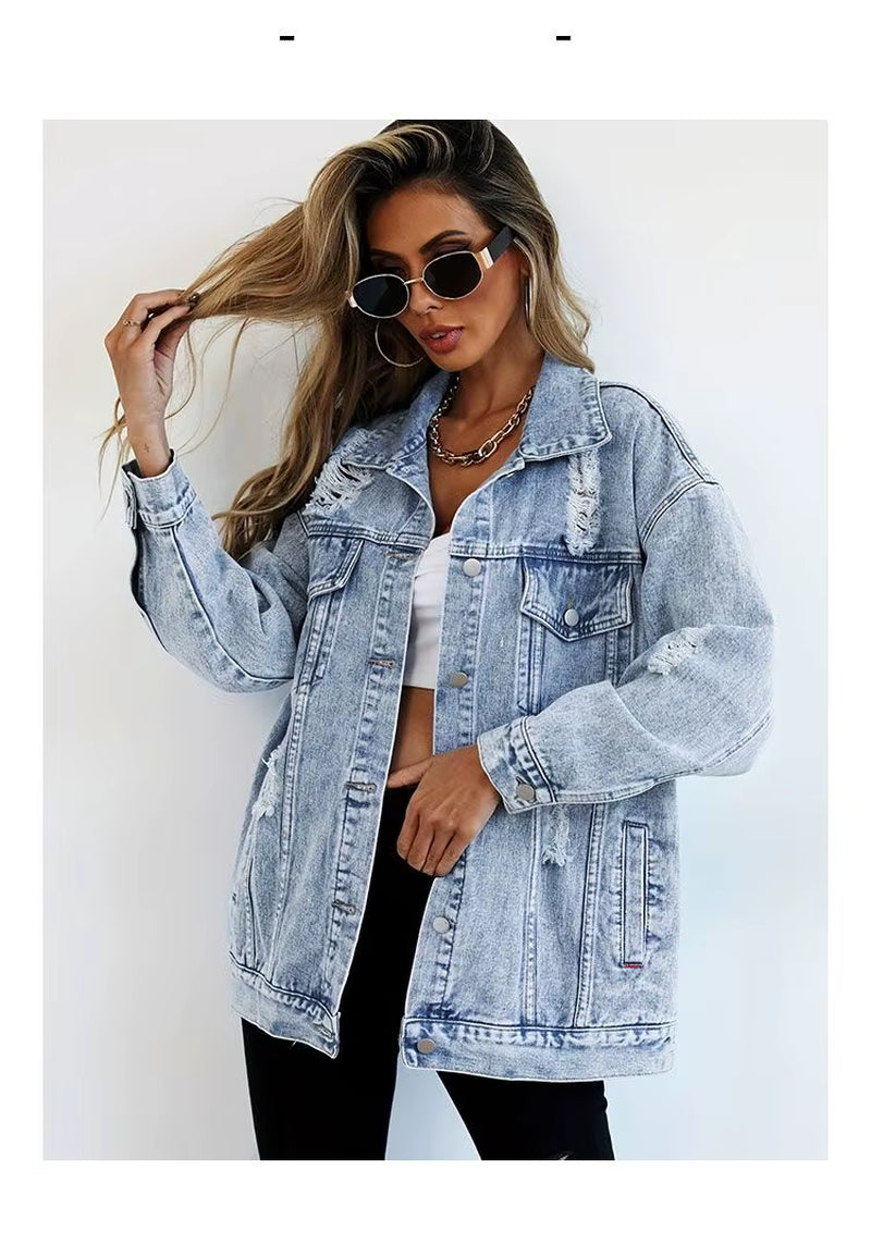 Jeans Jackets for Woman Jackets Euramerican Hole Autumn Winter Women'S Jeans Coats Outerwears Denim Top New Female Jean Fashion