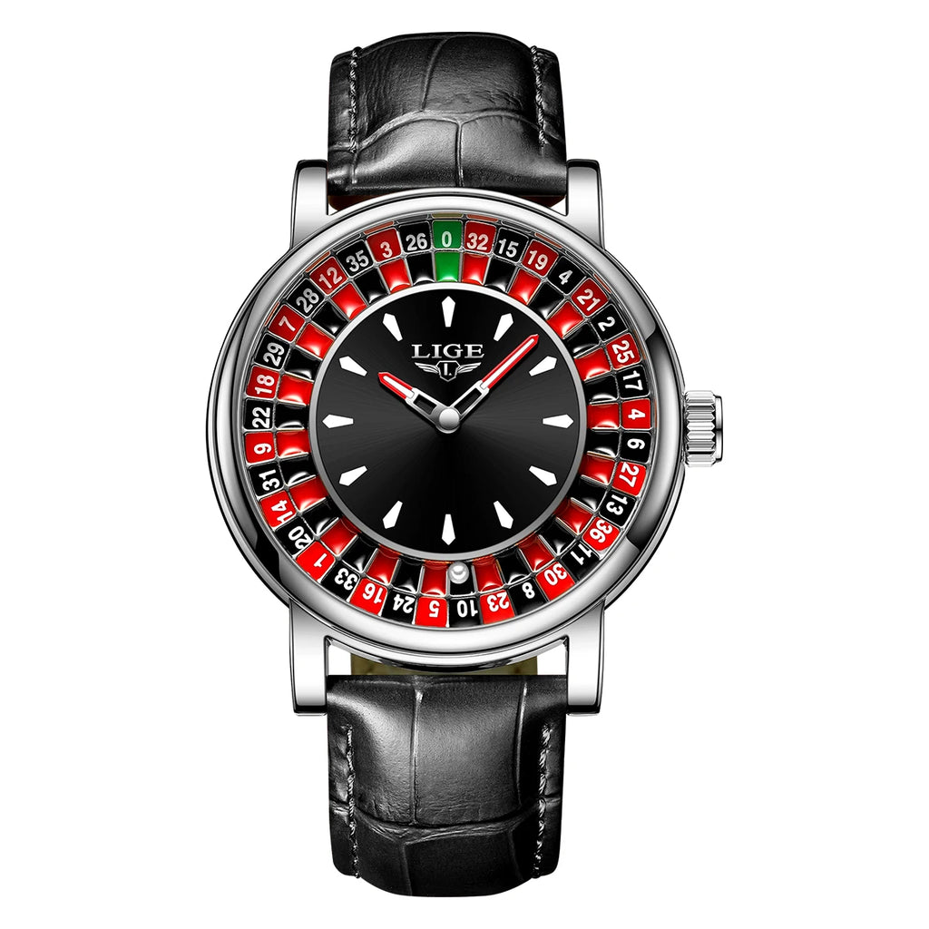 Fashion Brown Leather Men Watch Rotating Dial Las Vegas Roulette Desktop Theme Watch Men Waterproof Luminous Clock Watches