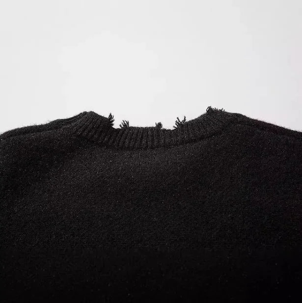 Autumn Winter High Street Men'S Sweater Europe and the United States Hip Hop Dark Wind Knife Cut Hole round Neck Sweater Size2Xl