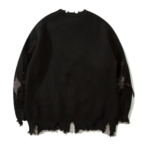 Autumn Winter High Street Men'S Sweater Europe and the United States Hip Hop Dark Wind Knife Cut Hole round Neck Sweater Size2Xl